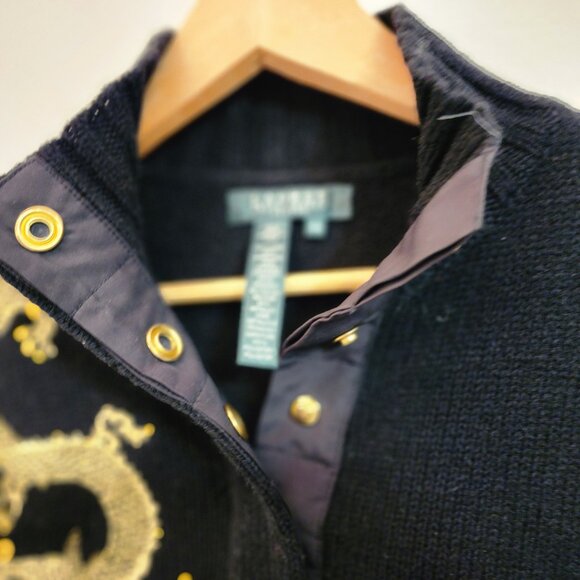 Vintage Lauren Ralph Lauren Gold Dragon Embroidery Sweater LambsWool Women PM - Picture 7 of 14